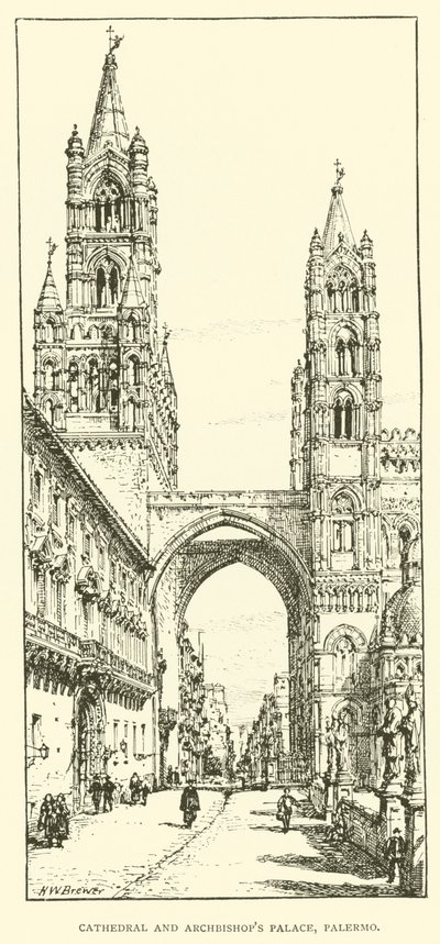 Katedralen og erkebiskopens palass, Palermo (gravering) av Henry William Brewer