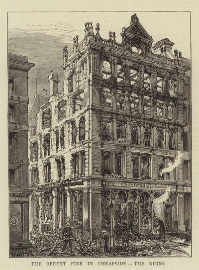 Den nylige brannen i Cheapside, ruinene av Henry William Brewer