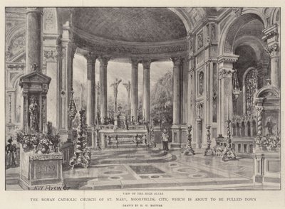 Den romersk-katolske kirken St Mary, Moorfields, City, som er i ferd med å bli revet ned av Henry William Brewer