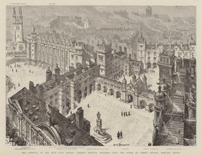 Fjerningen av The Blue Coat School, Christ's Hospital skissert fra Tower of Christ Church, Newgate Street av Henry William Brewer