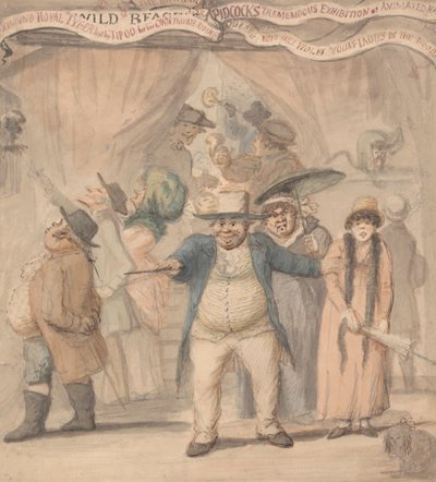 Inngang til Pidcocks utstillingstelt på en messe av Henry William Bunbury