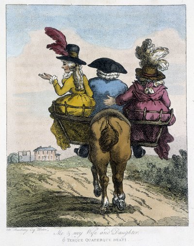 Meg med min kone og min datter - i "" engelske karikaturer om manerer å ri på en hest", ill. av H.W. Bunbury, red. John Stockdale av Henry William Bunbury