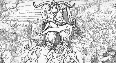 Representasjon av en sabbatsscene satt sammen av hekser som ledes av satan som gir opphav til orgier (sabbatssamling) Tegning av Henry de Malvost fra "Satanism and magic"" av Jules Bois 1895 Privat samling Â av Henry de Malvost