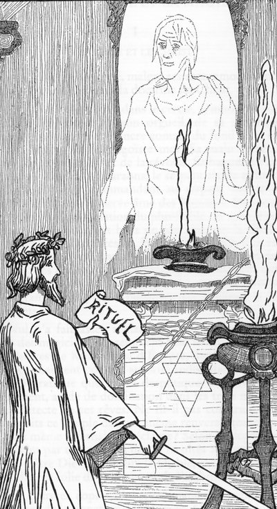 Spiritism: Fremkalling av ånder Tegning av Henry de Malvost fra "Satanism and Magic" av Jules Bois 1895 privatsamling av Henry de Malvost