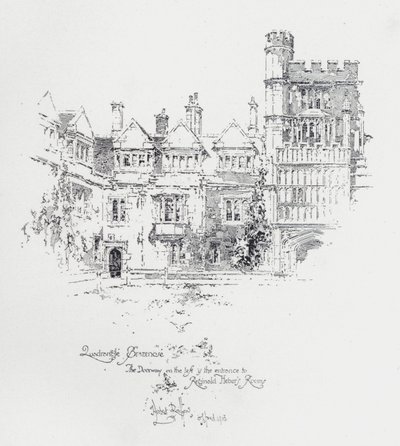 Brasenose College, Oxford, som viser inngangen til rommene til den engelske presten og forfatteren Reginald Heber (litho) av Herbert (after) Railton