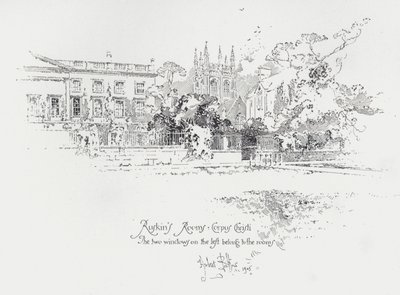 Den engelske kunstkritikeren John Ruskins rom ved Corpus Christi College, Oxford (litho) av Herbert (after) Railton