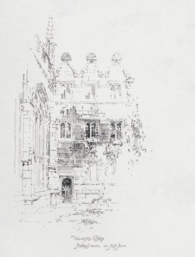 Den engelske poeten Percy Bysshe Shelleys rom i første etasje på University College, Oxford (litho) av Herbert (after) Railton