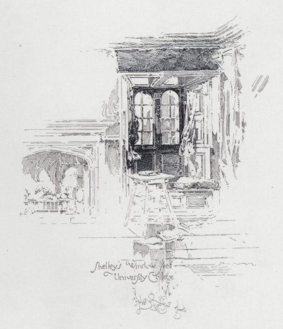 Den engelske poeten Percy Bysshe Shelleys vindussete ved University College, Oxford (litho) av Herbert (after) Railton