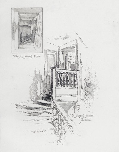 Den engelske forfatteren Samuel Johnsons rom og trapp, Pembroke College, Oxford (litho) av Herbert (after) Railton
