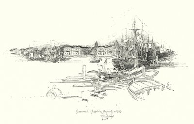 Greenwich Hospital og frakt, i 1749 (litho) av Herbert (after) Railton