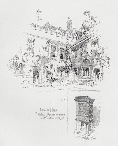 Prekestol brukt av den engelske metodistpredikanten John Wesleys og rommene hans ved Lincoln College, Oxford (litho) av Herbert (after) Railton