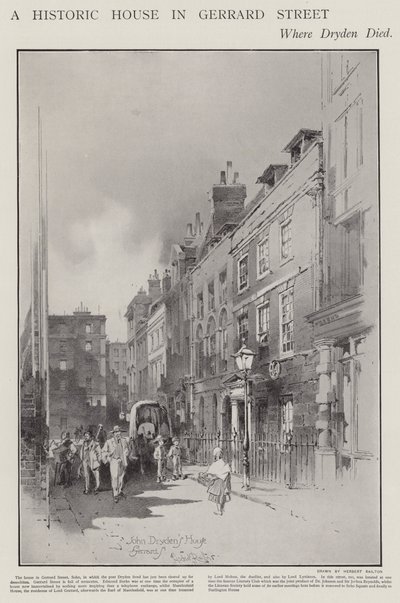 Huset på Gerrard Street, London, hvor poeten John Dryden døde i 1700 (litho) av Herbert (after) Railton