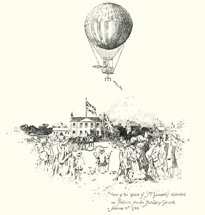 Utsikt over oppstigningen til Mr Lunardis Celebrated Air Balloon, fra Artillery Ground av Herbert (after) Railton