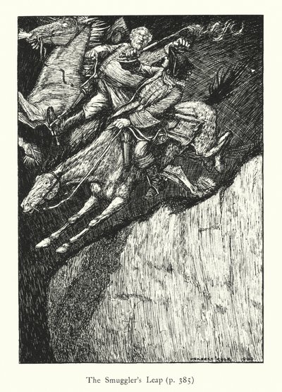 Ingoldsby-legender: Smuglerens sprang, s. 385 (litografi) av Herbert Cole
