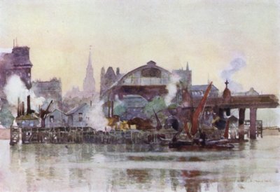 Charing Cross Station fra elven (farge litho) av Herbert Menzies (after) Marshall
