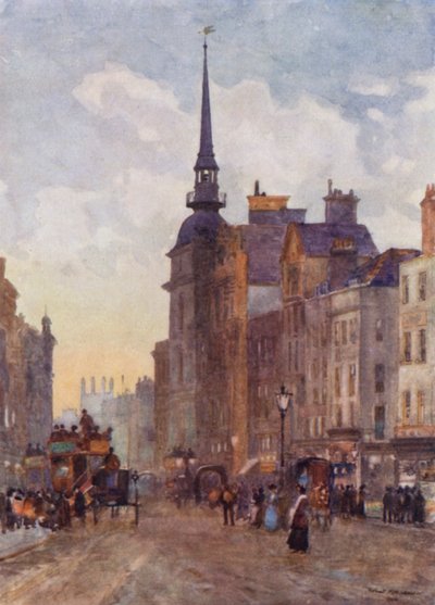 Ser ned Ludgate Hill fra Steps of St Paul's (farge litho) av Herbert Menzies (after) Marshall