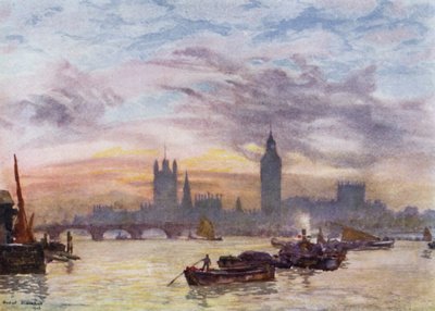Westminster Towers (farge litho) av Herbert Menzies (after) Marshall
