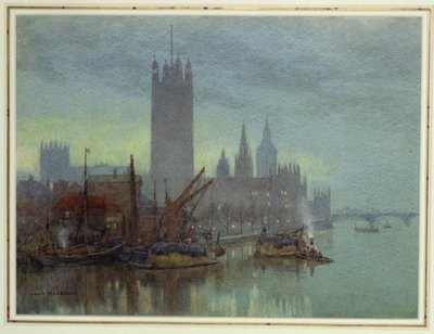 Twilight fra Lambeth Bridge (wc på papir) av Herbert Menzies Marshall