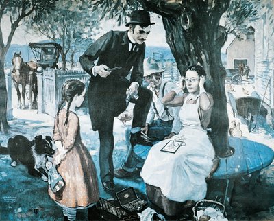 The spectacle seller in the late 1800s, advertising for the American Optical Company   1414857   no       norwegian Successfully Translated  Original: Claire de Lune. A beautiful woman plaing a mandolin. A Faun sitting beside her. A harlequin. All in a lan av Herbert Morton Stoops