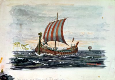 Vikingskip (akvarell) av Herbert Oakes Jones