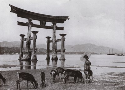 The Old Torii at Miyajima (s/hvitt bilde) av Herbert Ponting