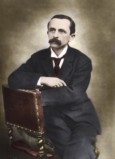 Portrett av J.M.Barrie fotografert av Barraud i 1893 - James Matthew Barrie (1860-1937), skotsk forfatter, skaper av Peter Pan - Farget fotografi. av Herbert Rose Barraud