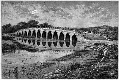 Bro med 17 buer ved Kunming-sjøen ved Ete-palasset nær Pekin på 1800-tallet. Gravering etter en tegning av Catenacci, etter et fotografi av Thomson, i "" Le Tour du Monde, Nouveau journal des Voyages", redigert av Edouard Charton, Paris av Hercule (after) Catenacci