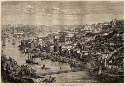 Utsikt over Porto, tegning av Catenacci, for å illustrere Olivier Mersons reise til de nordlige provinsene i Portugal i 1857. Gravering i “” Le tour du monde”” 1861. Selvas samling. av Hercule (after) Catenacci