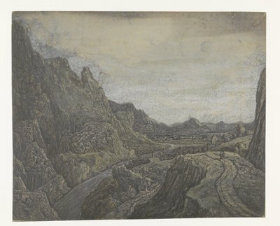 Steinete landskap med en vei og en elv av Hercules Segers