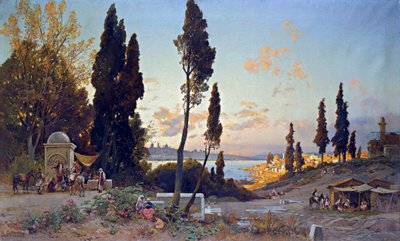 Vue du Bosphore a Constantinople - Peinture de Hermann David Salomon Corrodi (1844-1905), orientalisme - Utsikt over Bosporos, Konstantinopel - Olje på lerret av Hermann David Salomon Corrodi (1844-1905) - 100x166,5 cm - Privat samling av Herman David Salomon Corrodi