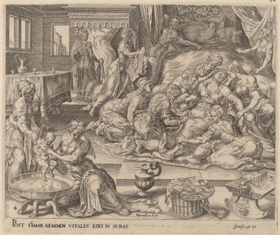 Fødsel av Pharez og Zara av Herman Jansz Muller after Maerten van Heemskerck