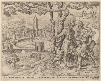 Adullamitten Hirah med ungen av Herman Jansz Muller after Maerten van Heemskerck