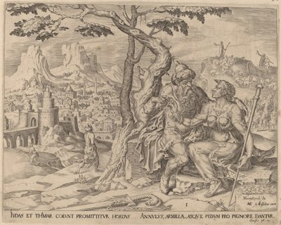 Juda gir Tamar pantet av Herman Jansz Muller after Maerten van Heemskerck