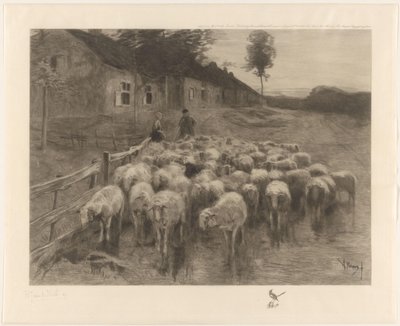 Hyrde og en kvinne med en saueflokk av Herman Johannes van der Weele (signed by artist)