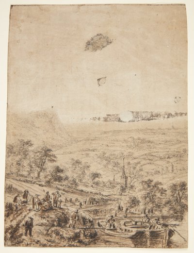 Panoramalandskap med bønder, fiskere og en landsbykirke av Herman Saftleven