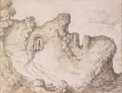 Steinete landskap med ruiner, som danner profilen til et mannsansikt, ca. 1650 av Herman Saftleven