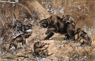Bear Hunt (akvarell og kinesisk hvit på papir) av Herman Wendleborg Hansen