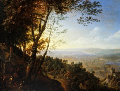 Et skogkledd landskap med bønder ved en hytte (olje på panel) av Herman the Younger Saftleven