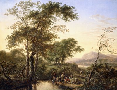 Et omfattende italiensk elvelandskap med reisende ved et basseng, 1646 av Herman the Younger Saftleven