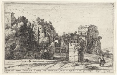 Utsikt over badene i Caracalla Parte delle terme Antoniano (tittel på objekt) Tittelside og tolv utsikt over Roma og dets omgivelser (serietittel) Diverses veuës dedans et dehors de Rome (serietittel) av Herman van Swanevelt