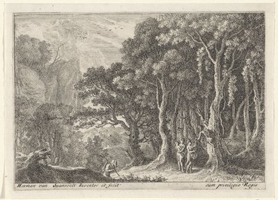 Satyr samler frukt Landskap med satyrer (serietittel) av Herman van Swanevelt