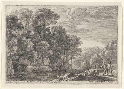 To satyrer med en flokk geiter Landskap med satyrer (serietittel) av Herman van Swanevelt