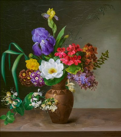 En vase i gresk stil med iris, syrin (olje på metall) av Hermania Neergaard