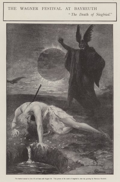 Wagner-festivalen i Bayreuth: Siegrfrieds død (litho) av Hermann (after) Hendrich