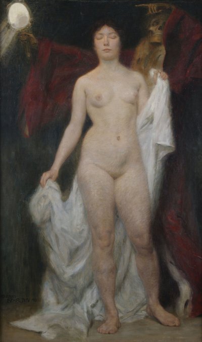 Naken kvinne med døden som en vanitas-allegori av Hermann Behrens