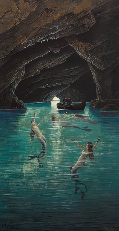 En fisker og havfruer i den blå grotten på Capri av Hermann David Salomon Corrodi