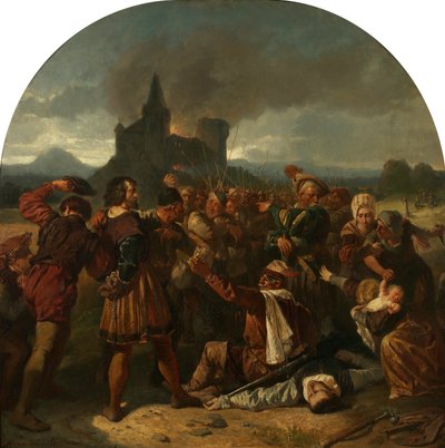 Episode fra den tyske bondekrigen (grev Helfenstein ved foten av hans brennende slott, hånet av bønder) av Hermann Eichler