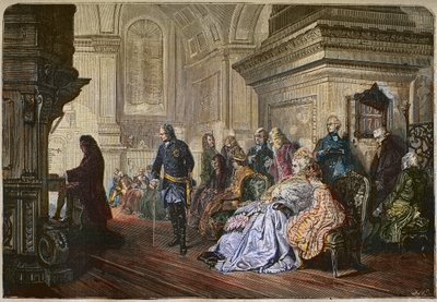 Kongen av Preussen Frederic II den store (1712-1786) lytter til komponisten Jean Sebastian Bach som spiller et hoff, graverer etter et maleri av Kaulbach - Frederick II den store, kongen av Preussen, lytter til Johann Sebastian Bach ved orgelet, Sanssouci av Hermann Kaulbach