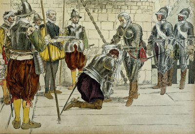 Charles II av Cosse Brissac (Cosse-Brissac) (1562-1621 eller 1626) ble marechal av Frankrike av Henri IV (1553-1610) før han gikk inn i Paris 22. mars 1594. Prevot av kjøpmenn Jean Lhuillier (?) som står ved siden av holderne nøklene til byen. Illustrasjon av Hermann Vogel