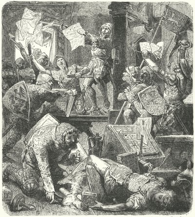 Ødeleggelse av Peter Schoffers trykkeriverksted under angrepet på Mainz av soldatene til Adolf II av Nassau av Hermann Vogel